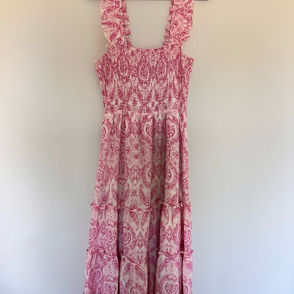 Smocked Pink Paisley Tiered Maxi Dress - Women